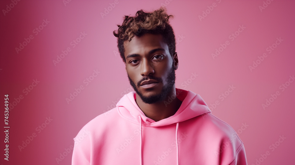 Sad black man looking at the camera and wearing a pink clothes against pink background Sad black man looking at the camera and wearing a pink clothes against pink background