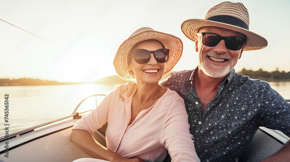 A senior couple sailing on a boat, wearing a summer outfit with sunglasses and a hat