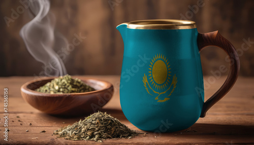 A teapot with the Kazakhstan flag printed on it is on the table, next to it is a mug of tea and green tea is scattered. Concept of tea business, friendship, partnership