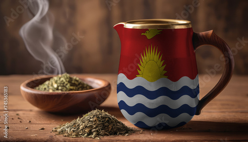 A teapot with the Kiribati flag printed on it is on the table, next to it is a mug of tea and green tea is scattered. Concept of tea business, friendship, partnership