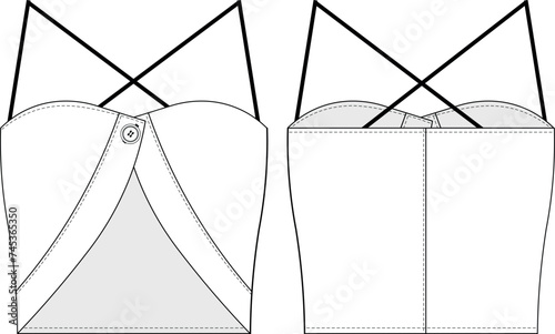 sleeveless sweetheart neck spaghetti straps strappy buttoned low cut crop cropped blouse top bra shirt template technical drawing flat sketch cad mockup fashion woman design style model