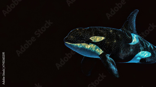 a close up of a black and white orca whale with yellow spots on it s face and a black background.