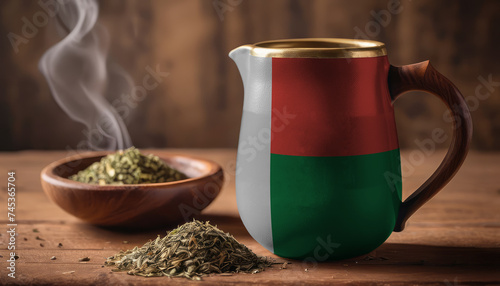 A teapot with the Madagascar flag printed on it is on the table, next to it is a mug of tea and green tea is scattered. Concept of tea business, friendship, partnership