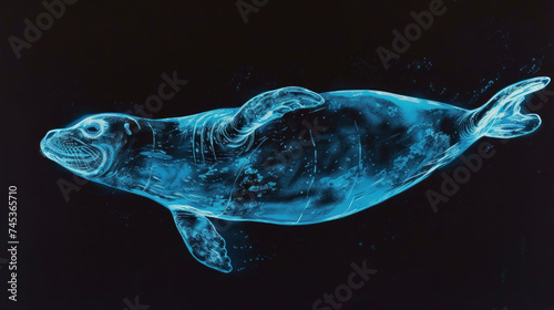 a painting of a sea turtle swimming in the water with bubbles of water on it's back and a black background. © Anna