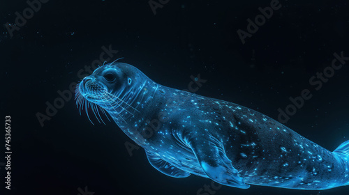 a close up of a seal in the water with bubbles on it s face and a black back ground.