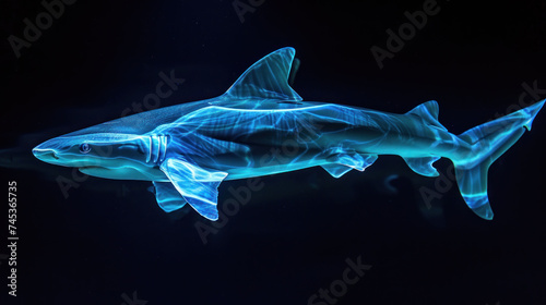 a computer generated image of a shark in a dark room with a blue light coming from it s mouth.