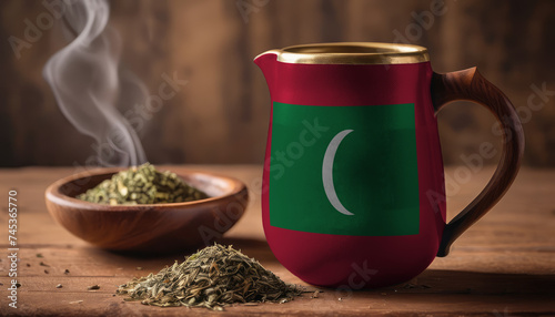 A teapot with the Maldive flag printed on it is on the table, next to it is a mug of tea and green tea is scattered. Concept of tea business, friendship, partnership