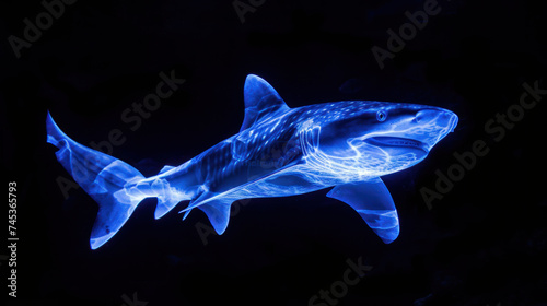 a close up of a shark in the water with a blue glow on it's body and a black background. © Anna