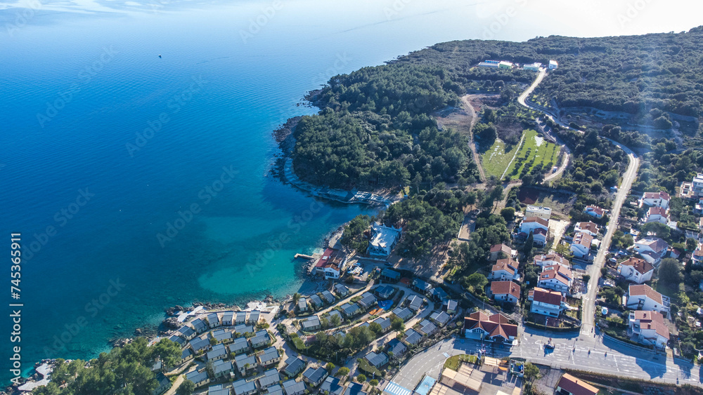 Aerial perspective of Ježevac Premium Camping Resort, located near the charming town of Krk on the island of Krk, Croatia