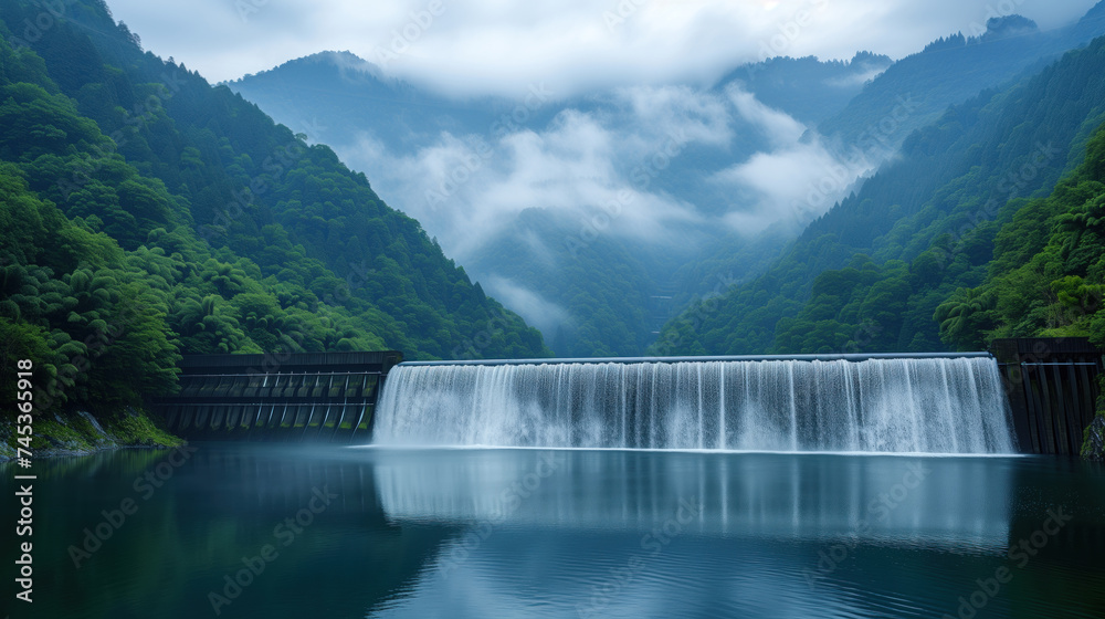 Misty Mountain Reservoir with Cascading Waterfall and Lush Forest. Misty Mountain Reservoir with Cascading Waterfall and Lush Forest.
