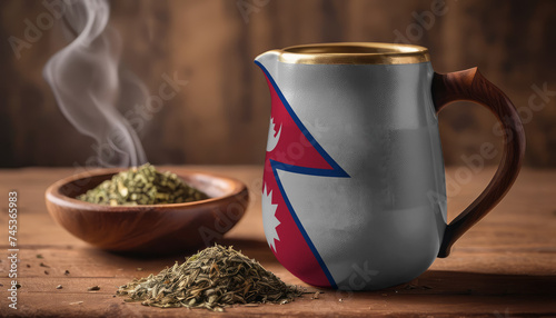 A teapot with the Nepal flag printed on it is on the table, next to it is a mug of tea and green tea is scattered. Concept of tea business, friendship, partnership