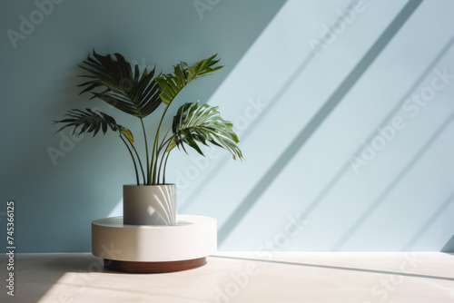 Plant in flowerpot on wooden table by window, adding shades