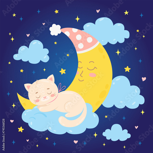 Cute baby cat sleeping on a cloud. Starry night sky with crescent. Cartoon hand drawn character for invitation, poster, sticker, print and greeting card. Childish vector illustration