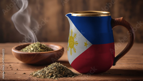 A teapot with the Philippines flag printed on it is on the table, next to it is a mug of tea and green tea is scattered. Concept of tea business, friendship, partnership
