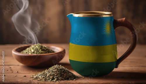 A teapot with the Rwanda flag printed on it is on the table, next to it is a mug of tea and green tea is scattered. Concept of tea business, friendship, partnership