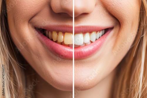 Teeth cleaning and whitening concept, illustration before and after.