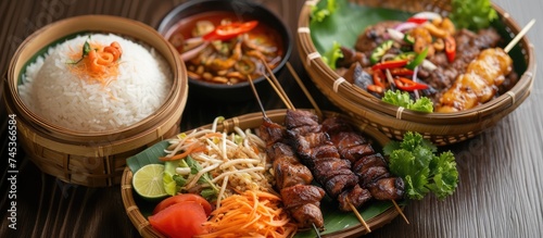 A close-up view of a plate of Thai food on a wooden table. The meal consists of papaya salad, grilled chicken, grilled meat, catfish, and sticky rice served in a bamboo container.