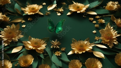flowers A 3D floral wallpaper with a dark background and a green flower in the center. A metallic green butterfly   © Jared