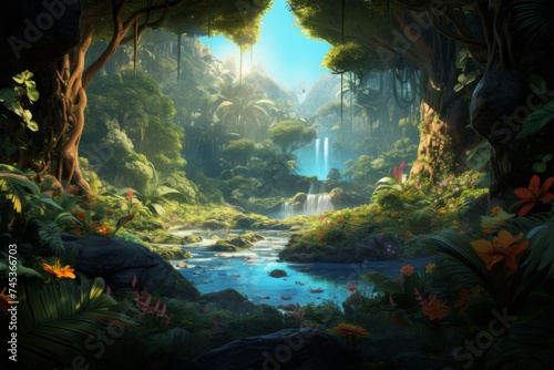 Serene Jungle Waterfall Oasis - A peaceful jungle scene with vibrant flora and a cascading waterfall creating an atmosphere of tranquility.