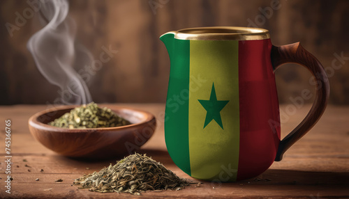 A teapot with the Senegal flag printed on it is on the table, next to it is a mug of tea and green tea is scattered. Concept of tea business, friendship, partnership