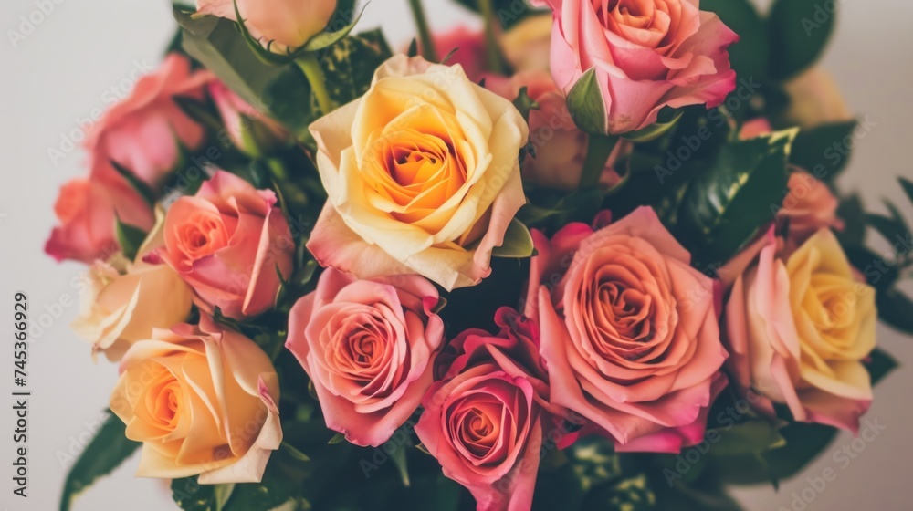 a bouquet of pink, yellow, and orange roses is in a vase with greenery and a white wall in the background.