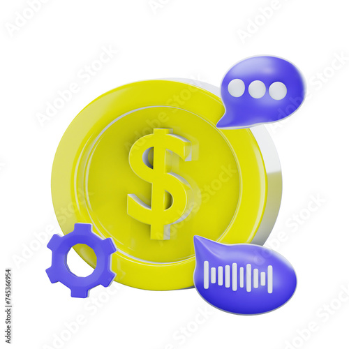3d coin and chat notification icon isolated on transparent background-3D illustration