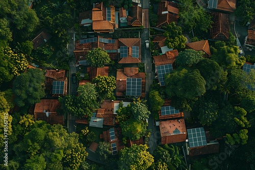 A wide-angle aerial shot showcasing the beauty of solar-powered houses against a backdrop of lush greenery.