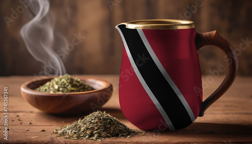 A teapot with the Trinidad and Tobago flag printed on it is on the table, next to it is a mug of tea and green tea is scattered. Concept of tea business, friendship, partnership