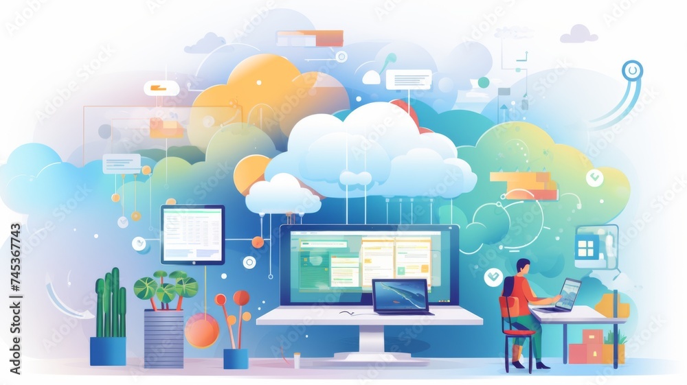 Vibrant Virtual Cloud Computing Concept - An illustration of cloud computing, with a dynamic mix of colors and technology symbols. Vibrant Virtual Cloud Computing Concept - An illustration of cloud computing, with a dynamic mix of colors and technology symbols.