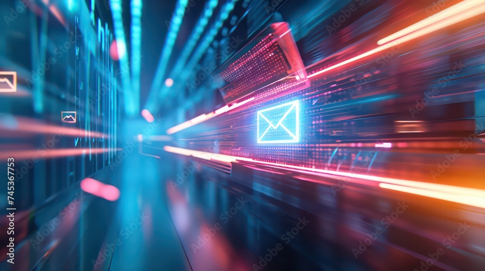 Futuristic electronic mail documentation concept with glowing blue neon envelope and paper document. 3D Illustration - obrazy, fototapety, plakaty 
