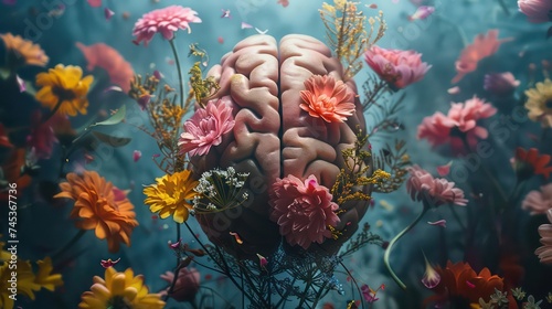 Creative design of the human brain with flowers. Concept illustration in the modern flat style.