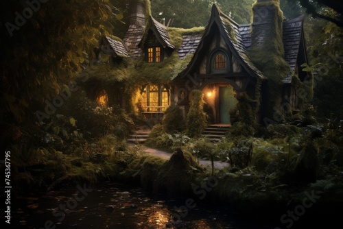 Enchanted Forest Cottage View - A magical forest home nestled in lush greenery with warm lights inviting stories