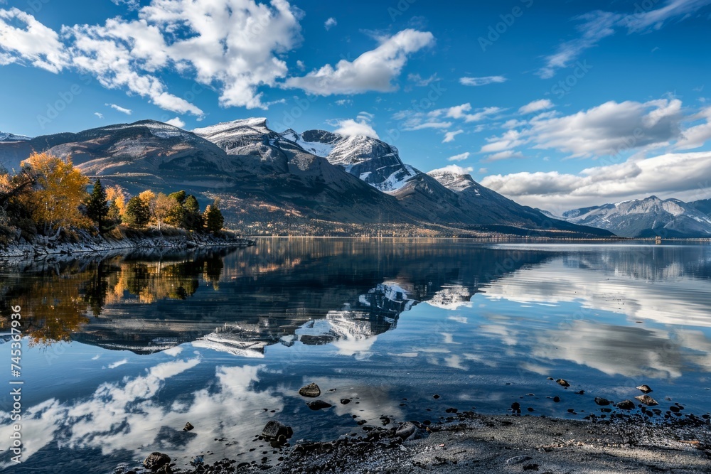 A breathtaking calm lake reflects surrounding mountains under a crisp blue sky