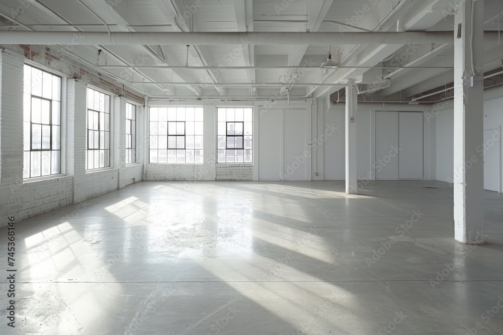 Spacious Loft with Natural Light - A wide-open loft space bathed in natural light, featuring polished floors and a minimalist aesthetic.