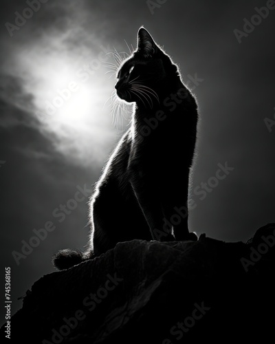 a black and white photo of a cat sitting on a rock looking up at the sky with the moon in the background.