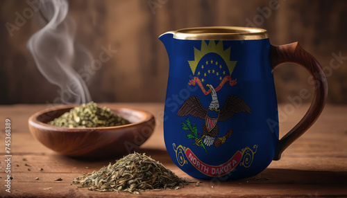 A teapot with the North Dakota flag printed on it is on the table, next to it is a mug of tea and green tea is scattered. Concept of tea business, friendship, partnership