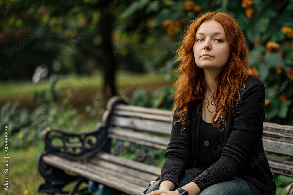 Pensive young redhead woman sitting alone on a park bench in autumn Pensive young redhead woman sitting alone on a park bench in autumn