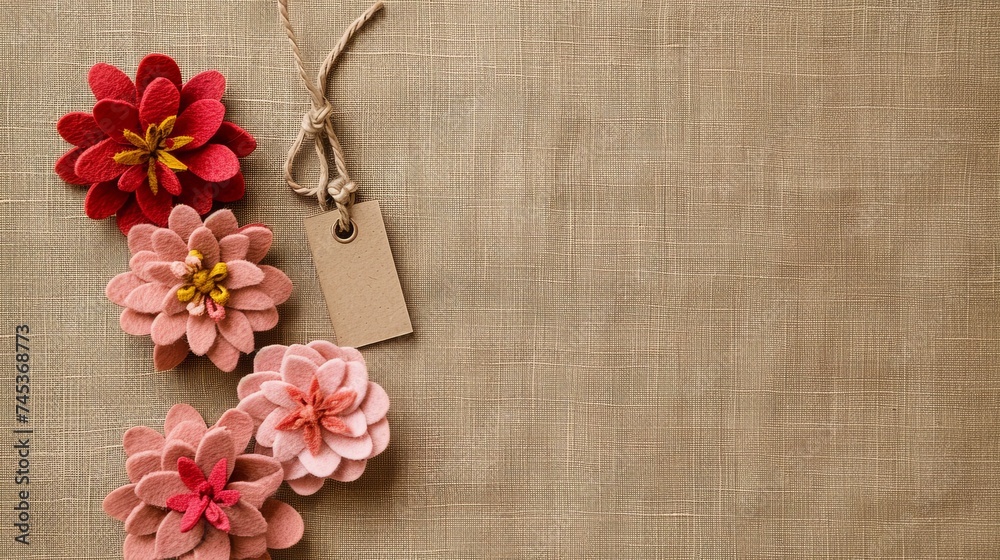 Horizontal background with handmade felt flowers and cardboard tag on canvas texture, with copy space Horizontal background with handmade felt flowers and cardboard tag on canvas texture, with copy space