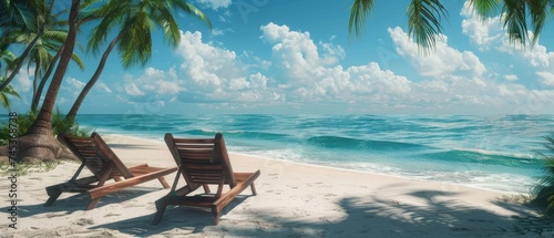 travel, seascape and nature concept - tropical beach with palm tree and two sun loungers on the ocean. banner.