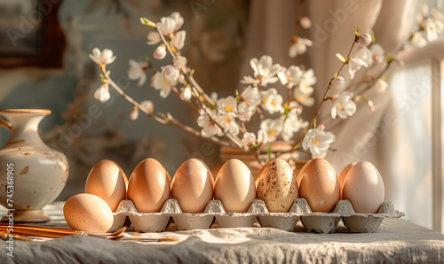 Natural Brown and White Eggs with Blossoms on Table 