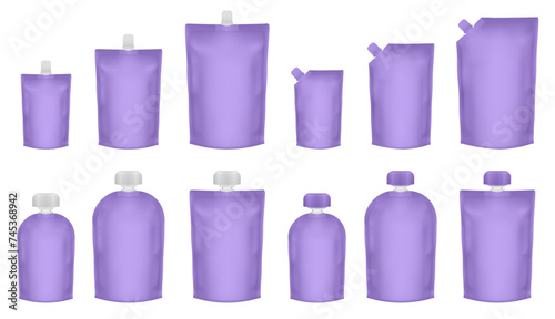 Set of violet doypack packaging with screw cap. Blank foil drink bags pouches with spout. Ketchup, mayonnaise or mustard. Stand up doy pack mock up set. Cosmetic refill. Fruit puree, baby food