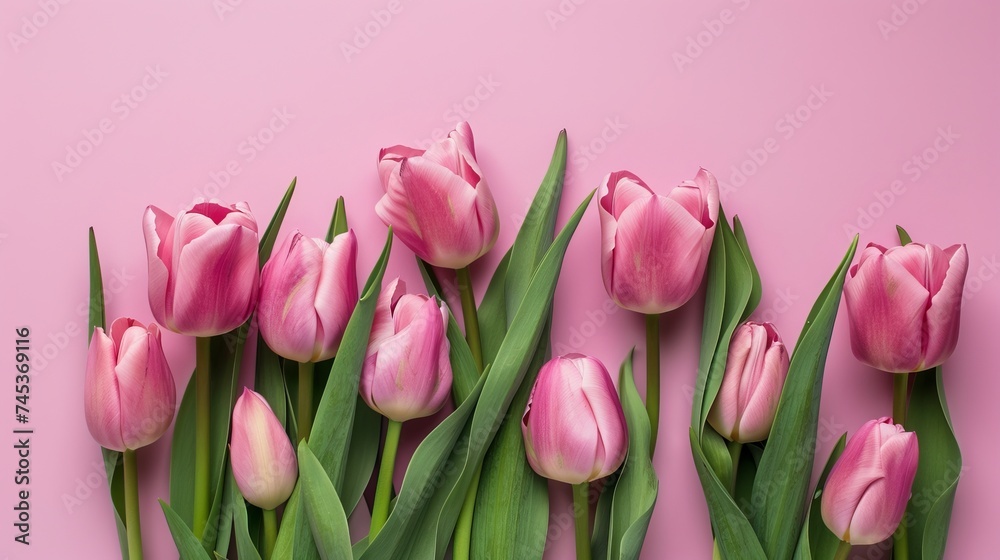 Fototapeta premium Pink tulip bouquet on pink background banner