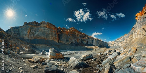 A Vast Open-Pit Quarry Under a Clear Blue Sky, Highlighting the Scale of Human Endeavor in Mineral Extraction, Generative AI