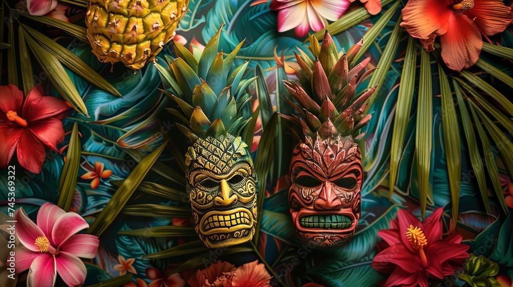 Tropical Tahiti drink in Tiki mask cups on floral backdrop