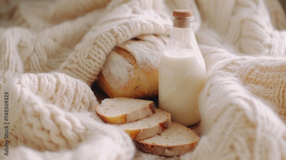 a bottle of milk sitting on top of a blanket next to slices of bread and a loaf of bread on a table. a bottle of milk sitting on top of a blanket next to slices of bread and a loaf of bread on a table.