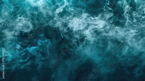 Horizontal stream of pale greenish-blue toxic smoke on a dark background. Background or wallpaper. AI generative.