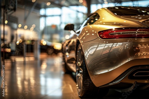 A luxury sports car with sleek lines and polished details reflects the sophistication of a brightly-lit showroom floor