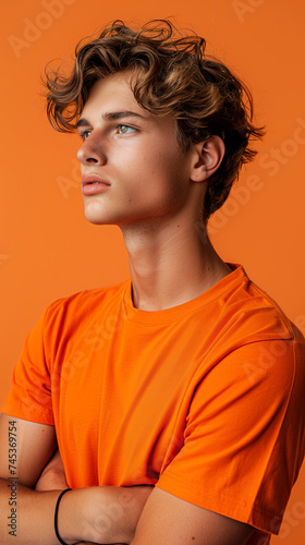 Portrait of a man in an orange T-shirt, orange background