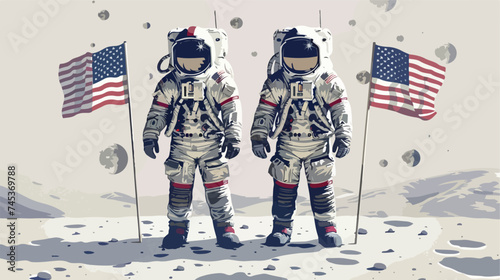 Astronauts Team American Flag in Moon Space Explorat