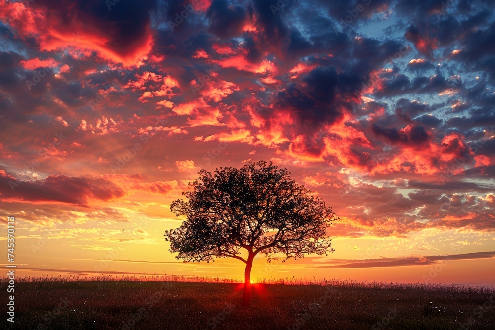 A stunning sunset silhouette of a lone tree against a dramatic sky with vibrant colors creating a serene scene A stunning sunset silhouette of a lone tree against a dramatic sky with vibrant colors creating a serene scene